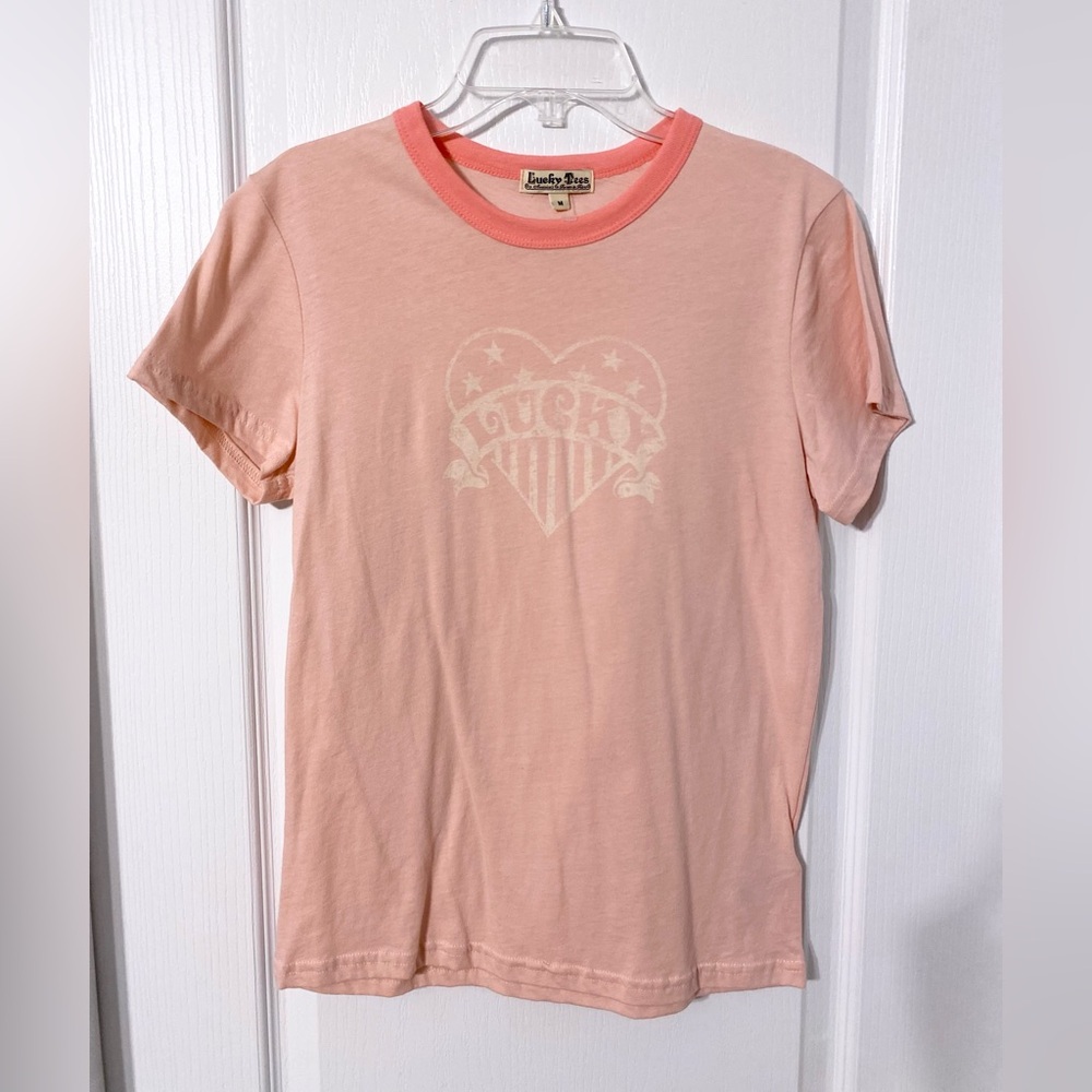 NEW Y2K Lucky Brand USA MADE Heart Logo Cropped Ringer Tee Pink Medium